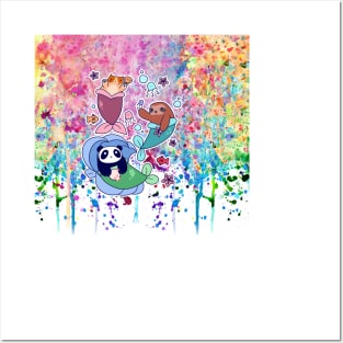 Mermaid Cat Sloth and Panda - Rainbow Paint Posters and Art